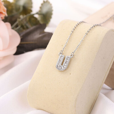 

Fashion Women 26 Double Sided English Alphabet Diamond Silver Color Necklace