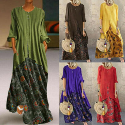 

US Women Cotton Linen Maxi Dress Lady Long Sleeve Casual Boho Kaftan Tunic -5XL
