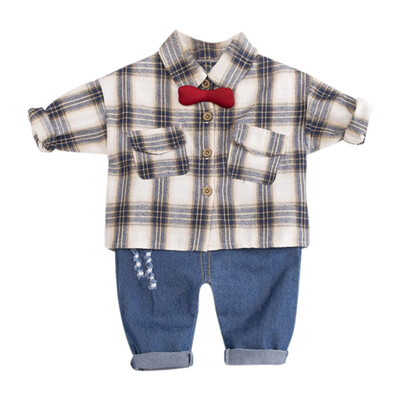 

Autumn Winter Baby Boy Clothes Kids Clothes Plaid BowTie Gentleman Style Shirt&Jeans Children 2pcClothes Sets