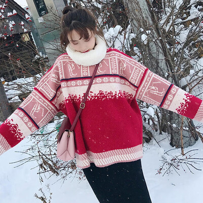 

Womens Lovely CasualWinter Xmas Sweaters Loose Korean Sweet Pullover Knitted Thick Red Jumper Kawaii Christmas Pull Femme