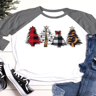 

Raglan Long Sleeves Christmas Trees Pattern Printed Tee