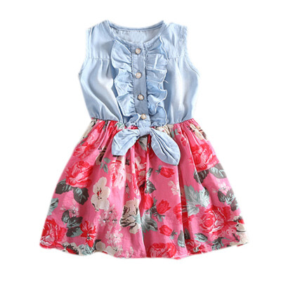 

Toddler Girls Dress Kids Girl Denim Dresses Summer Chidlren Clothes Baby Sleeveless Print Flower Princess Vestidos Dress