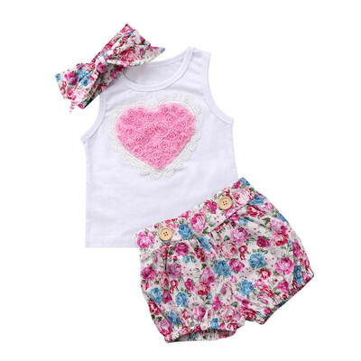 

Kids Girls 3 Pcs Outfits Sleeveless Floral Print Vest TopsShorts Suits with Headband Girls Casual Clothing Summer Sets
