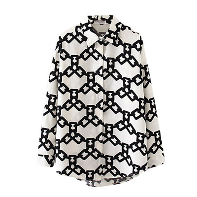 

Women Vintage Cartoon Blouse Chain Print Lapel Shirt Loose Single-breasted Long Sleeve Blouse