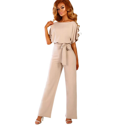 

Plus Size Solid Color Round Neck Short Sleeve Lace Up Party Ladies Jumpsuit High Street Jumpsuits