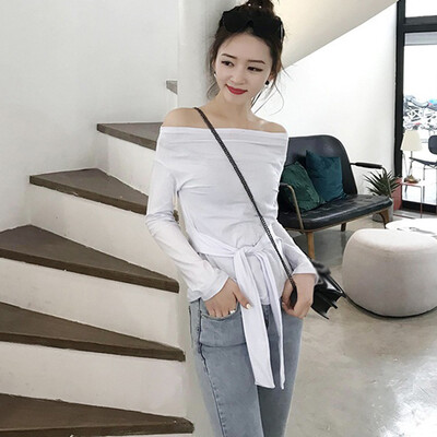

Women Off Shoulder Long Sleeve Blouse Jumper Casual Autumn Belt Tops T-shirt
