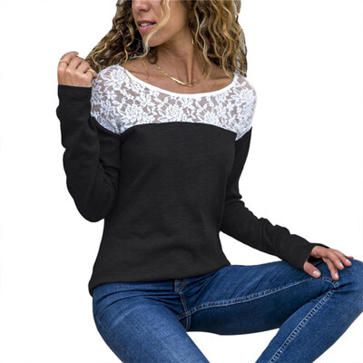 

Plus Size Solid Color Lace Patchwork Women Round Neck Long Sleeve T-Shirt Top