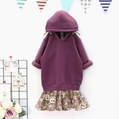 

Childrens Girls dress fake two-piece plus velvet padded hooded baby autumn winter long sleeve Cotton warm loose sweater dress