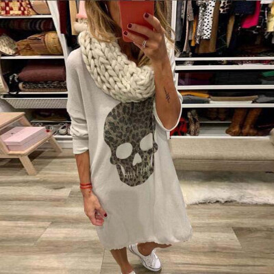 

Tailored Women Autumn Skull Print Solid Color Long Sleeves Loose O Neck Casual Mini Dress