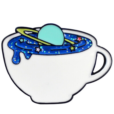 

Coffee Cup With Planet Inside Shape Cute And Romantic Brooches White And Blue Bling Bling Pins Gift