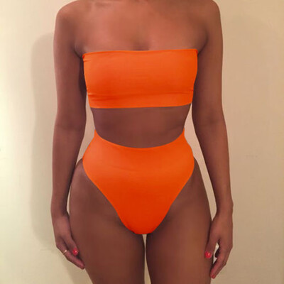 

Lady Bandeau High Waisted Triangle Bikini Set 2 Piece NO Padded Swimsuit Bathing
