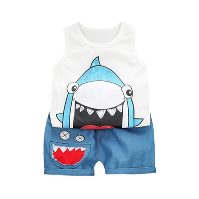

Cotton Summer Casual Children Cartoon Print Cute SMLXL Sleeveless Garment And Pant Kit Kids Two-piece Outfit Set