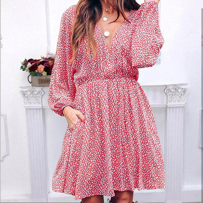 

Tailored Womens Fashion Long Sleeve V-Collar&Knee Printed Dresses