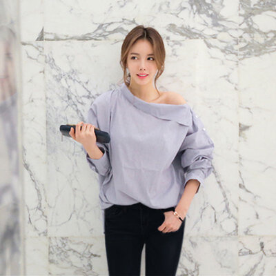 

Women Off The Shoulder Blouses Summer Women Striped Slash Neck Side Buttons Flare Sleeve Casual Shirt Tops D1