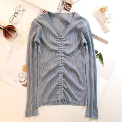 

Womens Sweater Autumn And Winter V-neck Slim Versatile Outer Wear Long-sleeved Sweater Pullover Solid Color Drawstring Knit Top