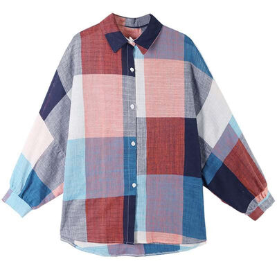 

Women Vintage Tops Plaid Shirt Contrast Color Long Sleeve Shirt Mori Girl Loose Women Blouse