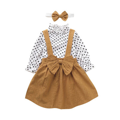 

Baby Girl Autumn Sets Fashion Polka Dot Top Solid Color Strap Skirt Headband Three Piece Sets