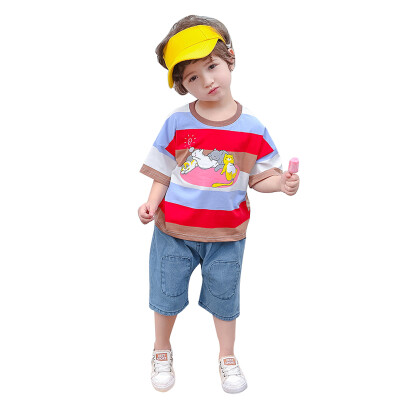 

Summer Kids Boy Sets Striped Cartoon Print Short Sleeve Tops Blouse T-shirtShorts Casual Outfits Sets