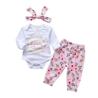 

Autumn Spring Baby Girl Adorable Short Sleeve Romper Tops Floral Print Trousers Headband Outfits Clothes