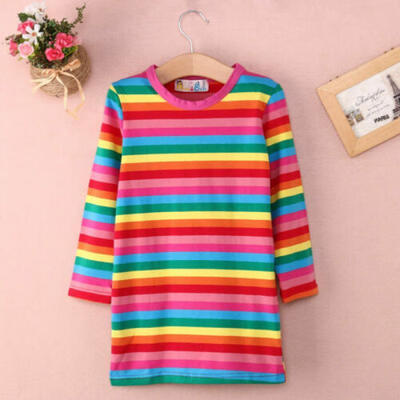 

Rainbow Girls Dresses Kids baby Long Sleeve Cotton Clothes Skirt Sweet Top 2-7Y