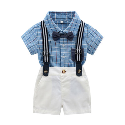 

Summer Casual Baby Boy Set Gentleman Plaid Shirt With Bow Tie And Suspender Pants Kit Kids Overalls