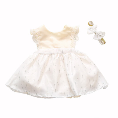 

Summer Baby Children 6M-4Y Girl Sleeveless Cotton Dress Sets Cute Solid Color Comfortable Lace Decoration DressBowknot Headband