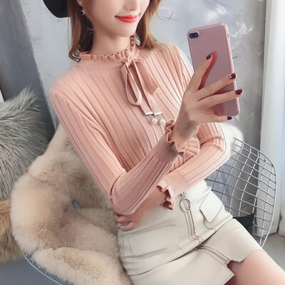 

Women Sweater Autumn Long Sleeve Bow Collar 2019 Casual Slim Elegant Sweater Winter Knitted Sweater Lace Up Female Pullover