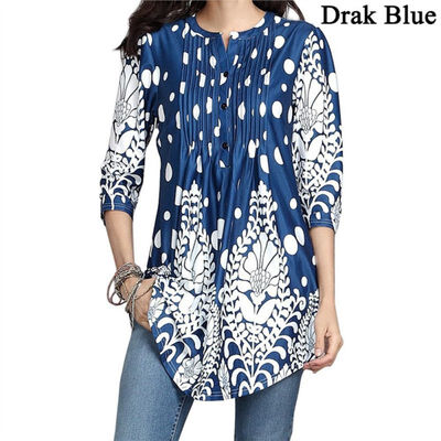 

Women Long Sleeve Three Quarter Sleeves Tunic Tops Long Blouse Floral Printed O Neck Pullover Autumn Casual Shirt Female -2XL