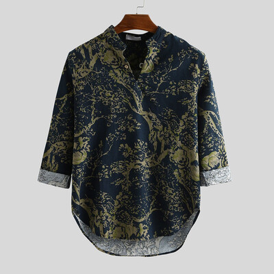 

Toponeto Mens Printed Hawaiian Loose Cotton Linen Long Sleeve Casual Buttons T shirt