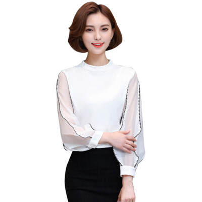 

Spring Autumn Women Chiffon Blouses Shirt O-Neck Elegant Office Lady Shirt Translucent Long Sleeve Tops for Female