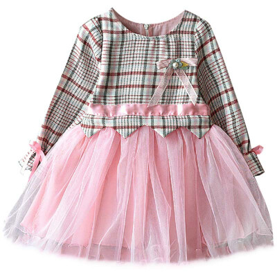 

Autumn Casual Cute Little Baby Girls Plaid Pattern Long Sleeve Patchwork Mesh Dress Kids Sundress