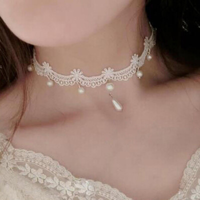 

Handmade Gothic handmade fashion white vintage lace womens simulated pearl choker necklace jewelry accessories