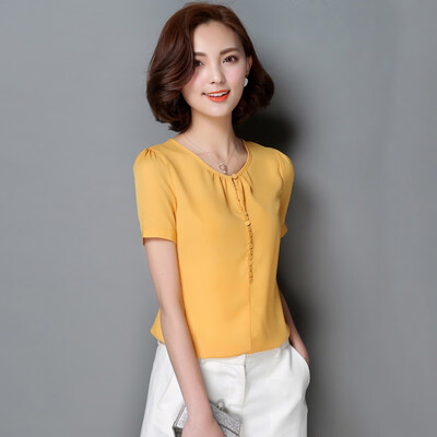 

Solid Color Fashion Women Shirts Single Breasted Short Sleeve Blouse Casual Brief Style Female Chiffon Shirt
