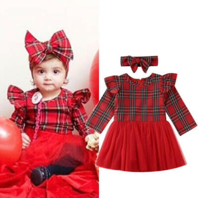 

Christmas Toddler Baby Girl Plaid Clothes Long Sleeve Party Tulle DressHeadband