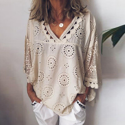 

Plus Large Size Women Shirts Blouses Long Sleeve V-Neck Sexy Blouse Tops Loose Hollow Out Lace Casual Shirt -5XL