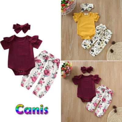 

US Newborn Toddler Baby Girl Short Sleeve Tops Romper Floral Pants 3PCS Outfits