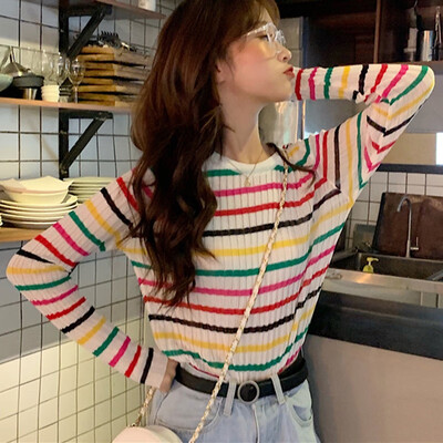 

2019 Korean Style Women T-shirt Rainbow Striped Autumn Thin Knitted Tee Harajuku Long Sleeve Kawaii Ladies Tee Tops Femme
