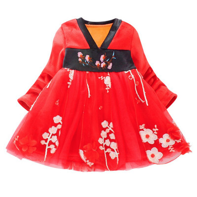 

Autumn Kids Dresses For Girls Chinese Traditional Dress 1Y-7Y Mesh Stitching Plus Velvet Embroidery Princess Long-Sleeved Sweet