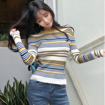 

Stripe Sweater Women Contrast Knitted Pullover 2019 Long Sleeve 0-neck Knitwear Fashion Slim Female Korean Jumper clothing
