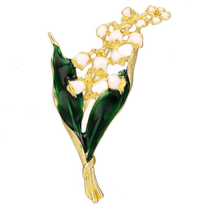 

Lily of The Valley White Flower Gold Crystal Lovely Leaves Elegant Brooch Pin