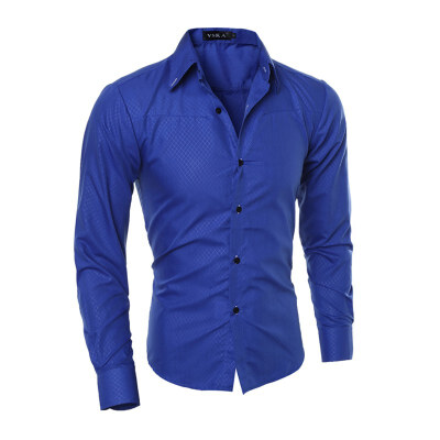 

2019 New Men\s Business Shirts Fashion Long Sleeve Slim Dark Plaid Solid Shirt Royal Blue