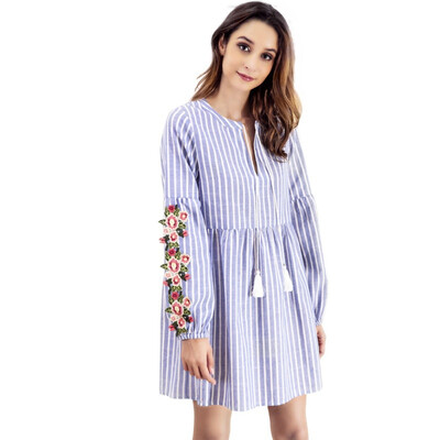

Summer Dress Female Fashion Women V-neck Embroidery Collage Stripes Drawstring Waist Long-Sleeve Dress Vestidos Robe