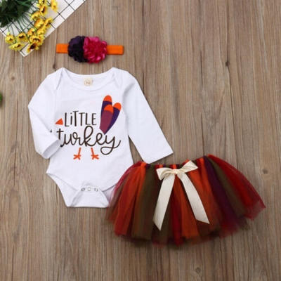 

2019 Infant Baby Girl Thanksgiving Tops Romper Tutu Dress 3PCS Outfit Clothes