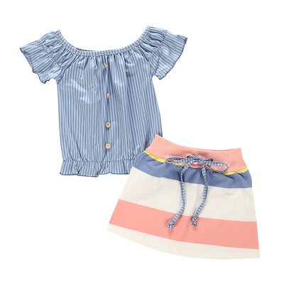 

Summer 2Pcs Short Sleeve Cotton Striped Printing T-shirtBlouse Skirts Clothing Set Casual Girls Boutique Outfits Kids Clothes