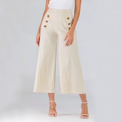 

Women Wide Leg Pants Fashion Linen Cotton Pants Solid Casual High Waist Full-length Pants Buttons Breathable trousers