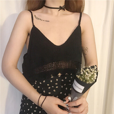 

Korean Version Women Retro Tank Tops Knitted Hook Stripe Hollow Out Casual Irregular Crop Tops Slim Halter Shirt Sexy Vest