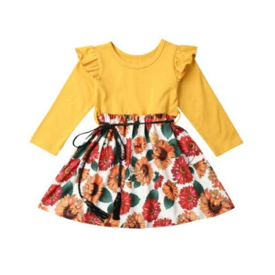 

US Toddler Kids Baby Girl Ruffle Sunflower Printed Casual Party Dress Sundress