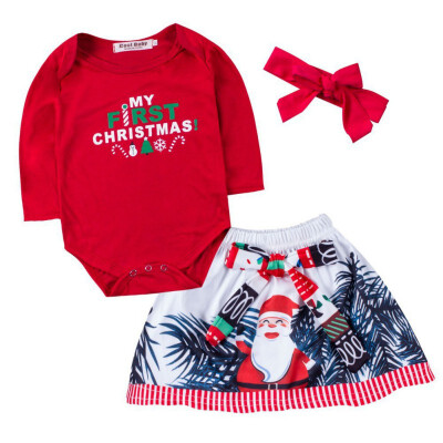 

3pcsset Christmas Childrens Clothing New Girl Baby Red Long-Sleeved Rompers Skirt Headband 3-piece