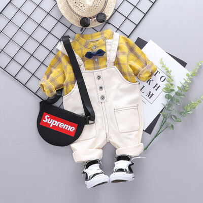 

Autumn Children Baby Boy Fashion 2pc Clothes Set Bow Tie Plaid Shirt&Solid Suspender Pants Kids Toddler Clothes