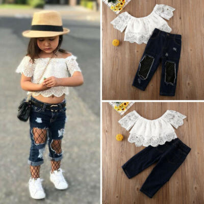 

2PCS Kids Baby Girls Lace TopsRipped Jeans Denim Pants Summer Clothes UK Stock